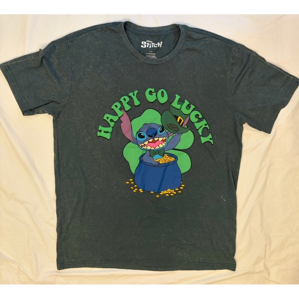 Disney Stitch T-Shirt Men's Size Large Green "Happy Go Lucky" Soft Comfort